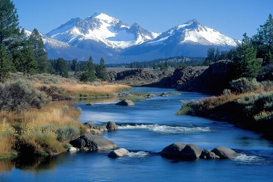 Crystal Mountain River Winding Through Rocky Landscape with Snow Peaks