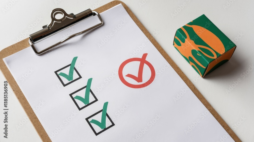 Poster Checklist on clipboard with three green checks and one red check signifying task completion status.