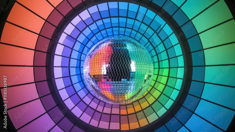 Aufkleber a disco ball nestled within a vibrant, multicolored circular spectrum of tiles.
