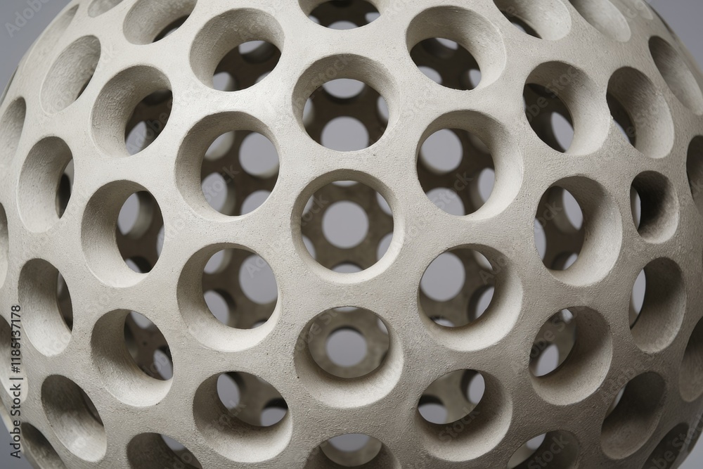 Aufkleber A spherical structure with numerous regularly spaced perforations creating a visually appealing geometric pattern.
