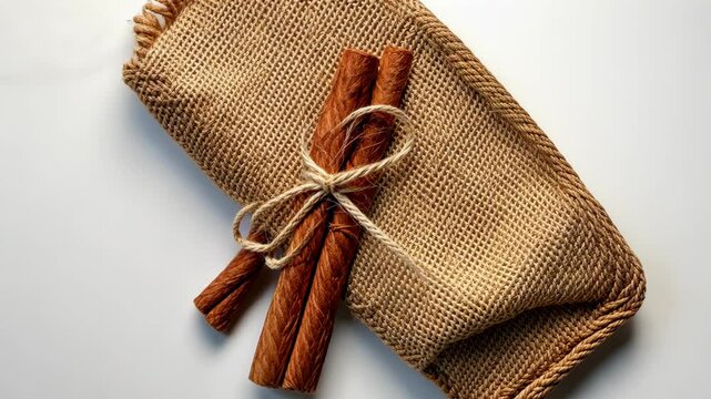 Natural burlap bag with three twisted cinnamon sticks tied with twine on a light surface