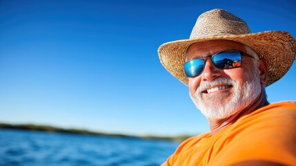 Senior man enjoys a relaxing day fishing at Rio de La Plata, Argentina