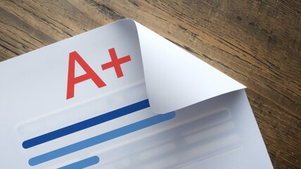 A+ grade report card on wooden table; excellent academic achievement.