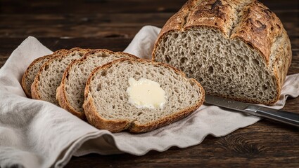 Freshly sliced sourdough bread with melting butter on rustic wooden table