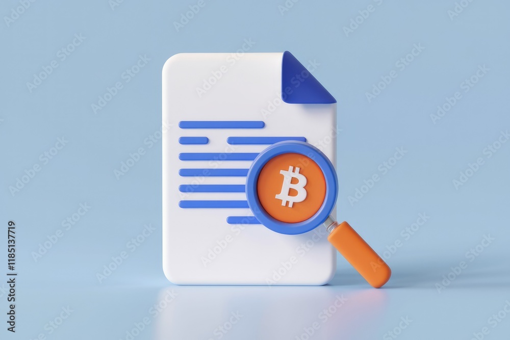 Poster a magnifying glass with a bitcoin symbol examines a document, symbolizing cryptocurrency research or