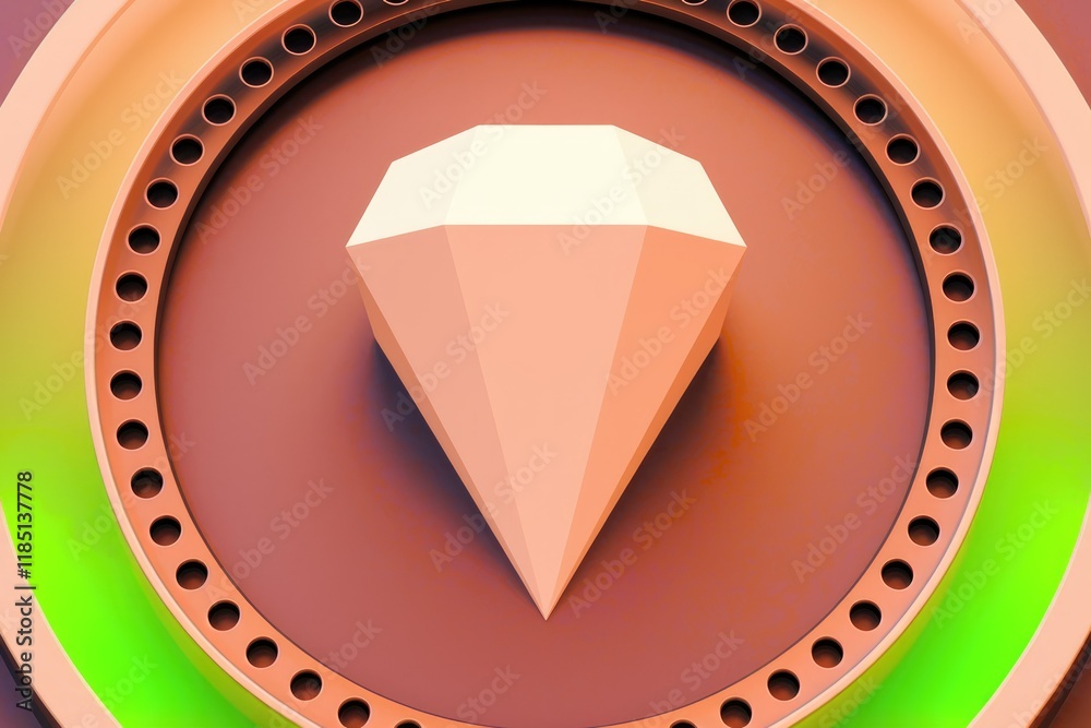Poster a stylized, peach-colored diamond sits centrally within a concentric circular frame of brown and gre