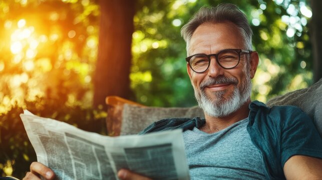 Mature man enjoys morning tranquility while reading his newspaper - Powered by Adobe