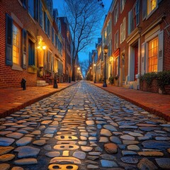 Fototapeta premium Cobblestone street illuminated at dusk, showcasing historic buildings.