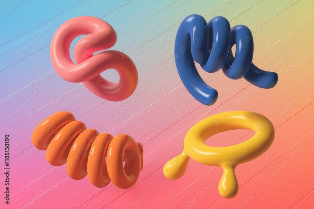 Poster abstract 3d render of colorful, playful shapes; swirling, knotted forms in vibrant hues.