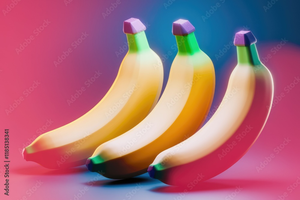 Poster three vibrant bananas with purple and green tops arranged in a row against a pink and blue gradient 