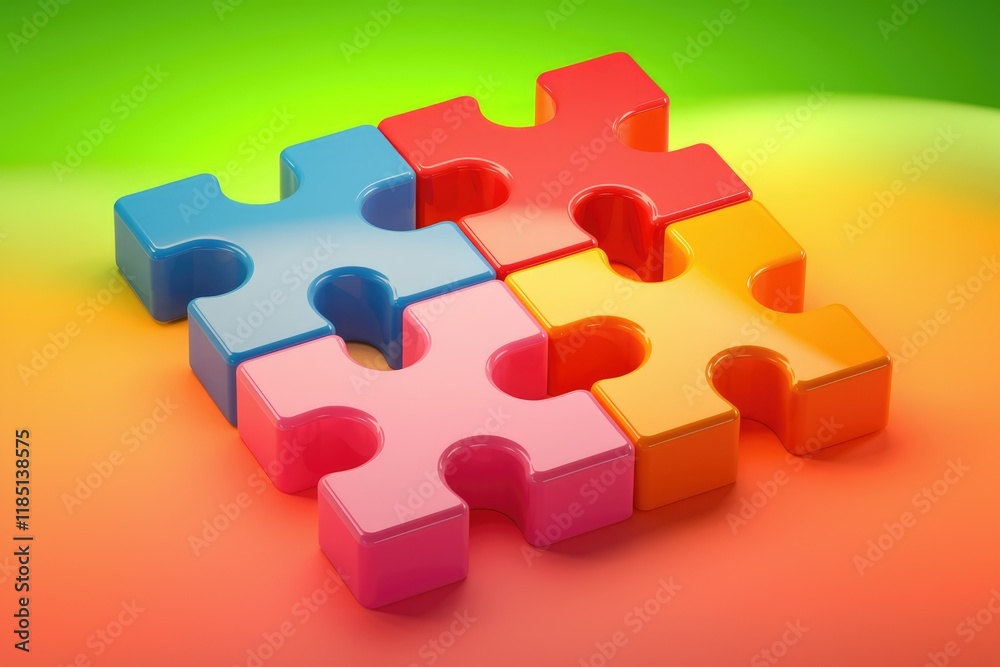 Poster Four colorful puzzle pieces interlock, symbolizing connection, teamwork, and problem-solving.