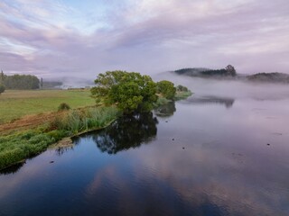 Obraz premium Misty morning on a tranquil lake. Ducks rest on the still water, reflecting the sky. Peaceful rural scene. LAKE ANIWHENUA, MURUPARA, BAY OF PLENTY, NEW ZEALAND