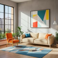 Modern living room, colorful geometric rug, abstract wall art, floor-to-ceiling windows, natural light, minimalist furniture, potted plants, cozy sofa, orange armchair, wooden coffee table, contempora