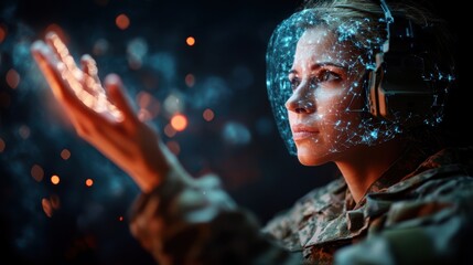 Innovative soldier interacts with advanced virtual tablet technology