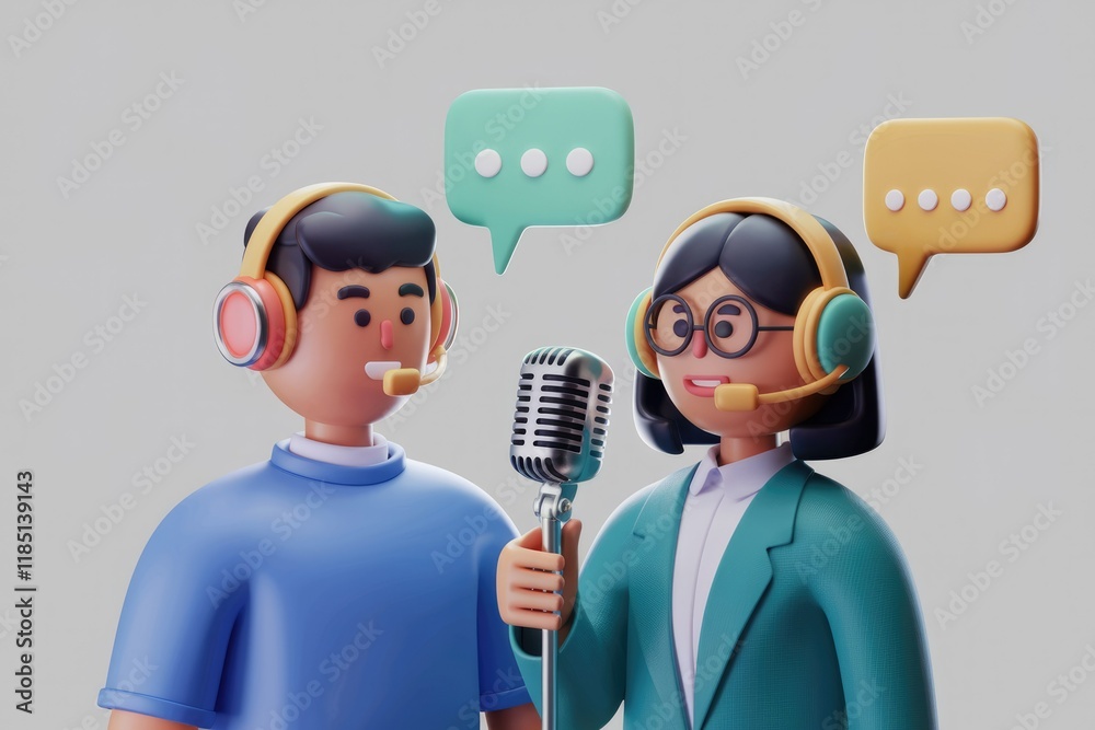 Poster Two 3D cartoon customer service agents with headsets are using a microphone for a podcast or online broadcast.