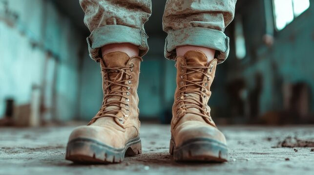 Standing strong, combat boots grounded in rugged surroundings