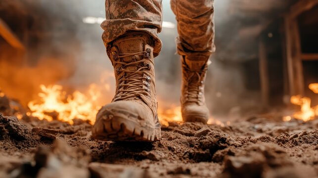 Woman in combat boots strides confidently through a fiery landscape