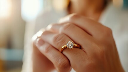 Successful woman showcases engagement ring while working at home
