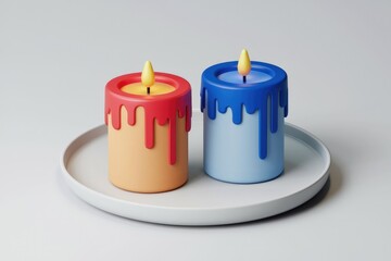 Two colorful cartoon candles with dripping wax on a white plate.