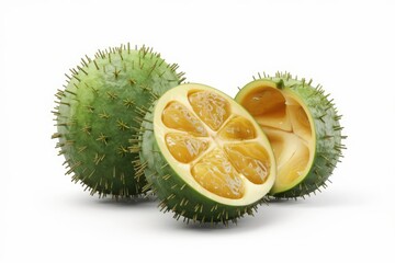 Spiky green fruit, possibly a Kiwano melon, sliced open to reveal vibrant yellow flesh.