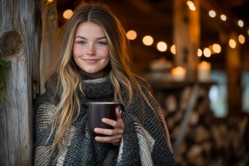 Cozy Moments: Young Woman in Warm Blanket Enjoying Hot Beverage in Rustic Cabin with Soft Lights and Logs in Background