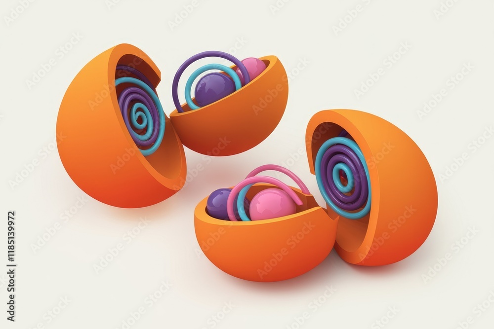 Aufkleber Abstract 3D rendering of two opened orange halves, revealing colorful inner spirals and spheres, representing a conceptual model.