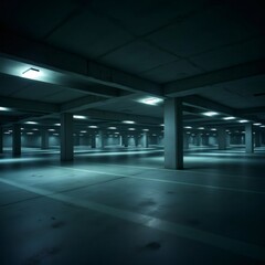 Aparcamiento subterráneo vacío con iluminación uniforme y ambiente sombrío

