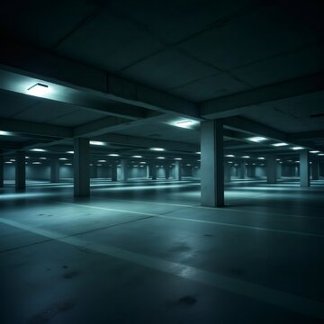 Aparcamiento subterr&aacute;neo vac&iacute;o con iluminaci&oacute;n uniforme y ambiente sombr&iacute;o
