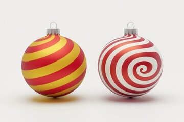 Two Christmas baubles with red and gold stripes, and red and white spiral patterns.