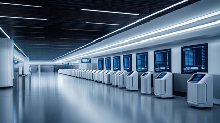 Fototapeta premium Modern futuristic interior design of a spacious technology-filled terminal with sleek kiosks and digital displays