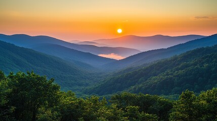Fototapeta premium Sunrise over rolling green hills creates a peaceful morning atmosphere