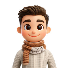Memoji of a cheerful European man with brown hair and a scarf designed for versatile use in digital communication