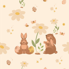 Cute bunnies and ducks with Easter eggs, plants and rainbow on pastel background, seamless pattern