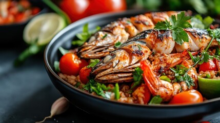 Savoring a colorful seafood feast adorned with fresh herbs and spices
