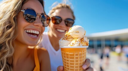 Two friends enjoy ice cream and waffles at a cafe in Durham sunshine