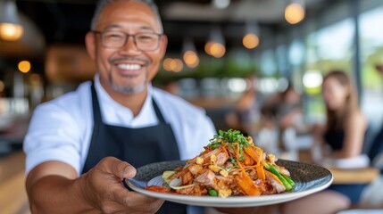 Smiling waiter serves vibrant thai food to delighted customers
