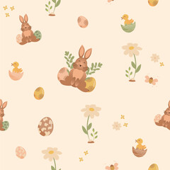 Cute bunnies and ducks with Easter eggs, plants and rainbow on pastel background, seamless pattern
