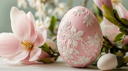 Fototapeta premium Intricate pastel pink Easter egg adorned with white floral patterns and surrounded by delicate spring blossoms