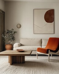 Modern living room, minimalist design, beige sofa, orange accent chair, round wooden coffee table, abstract wall art, floor lamp, potted plant, textured wall, neutral color palette, clean lines, cozy 