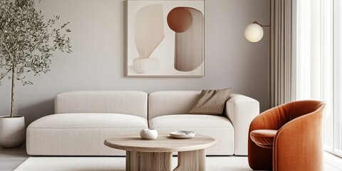 Modern living room, minimalist design, beige sofa, orange accent chair, round wooden coffee table, abstract wall art, floor lamp, potted plant, textured wall, neutral color palette, clean lines, cozy 