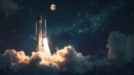 Obraz premium A futuristic moon-bound spacecraft blasts off from a towering building, seamlessly blending digital compositing with reality. Moonbound. Illustration