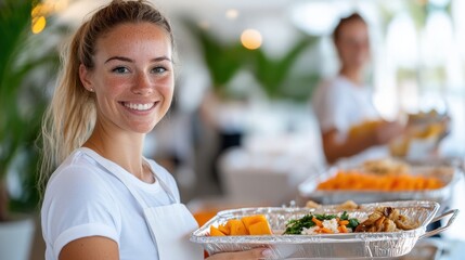 Woman serving delicious food at a wedding dinner celebration
