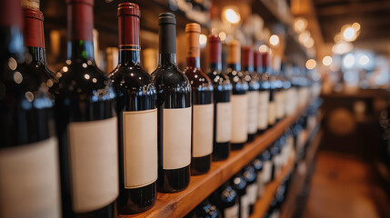 A selection of wine bottles in a wine rack. Fine wines in a winery store. Assortment of red wine. 