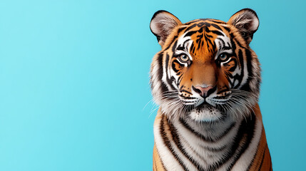 Fototapeta premium beautiful isolated tiger on a pastel blue background, showcasing a realistic wild animal with space for text or creative branding 