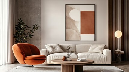 Fototapeta premium Modern living room, minimalist design, beige sofa, orange accent chair, round wooden coffee table, abstract wall art, floor lamp, potted plant, textured wall, neutral color palette, clean lines, cozy 