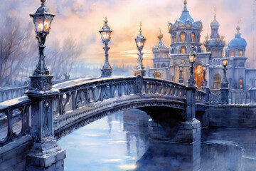 winter evening landscape with a view of a snow-covered bridge and a luxurious ancient castle in the background.  