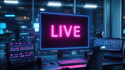 Fototapeta premium Live Streaming Studio Setup with Neon Sign, Mixing Equipment, Monitors, and Headphones in a Modern Environment