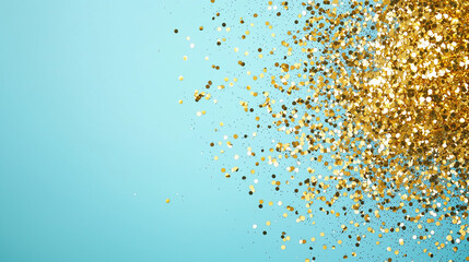 shimmering gold confetti on a pastel teal background