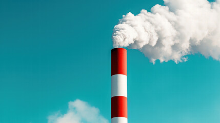 Red and white smokestack emitting smoke into clear blue sky