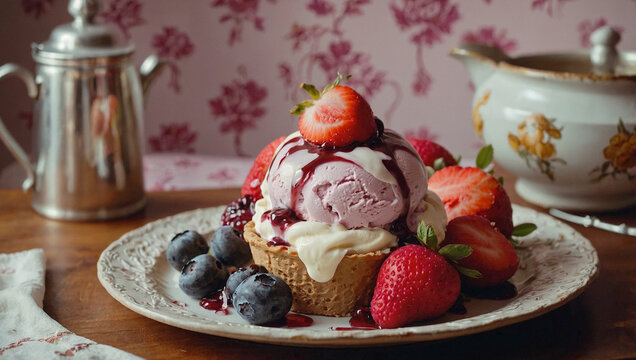 Helado cremoso de fresa frambuesa vainilla frutos rojos ar&aacute;ndanos, con frutas frescas, sobre una galleta crujiente, en un plato cl&aacute;sico y elegante en una cocina de un restaurante sala de restaurante